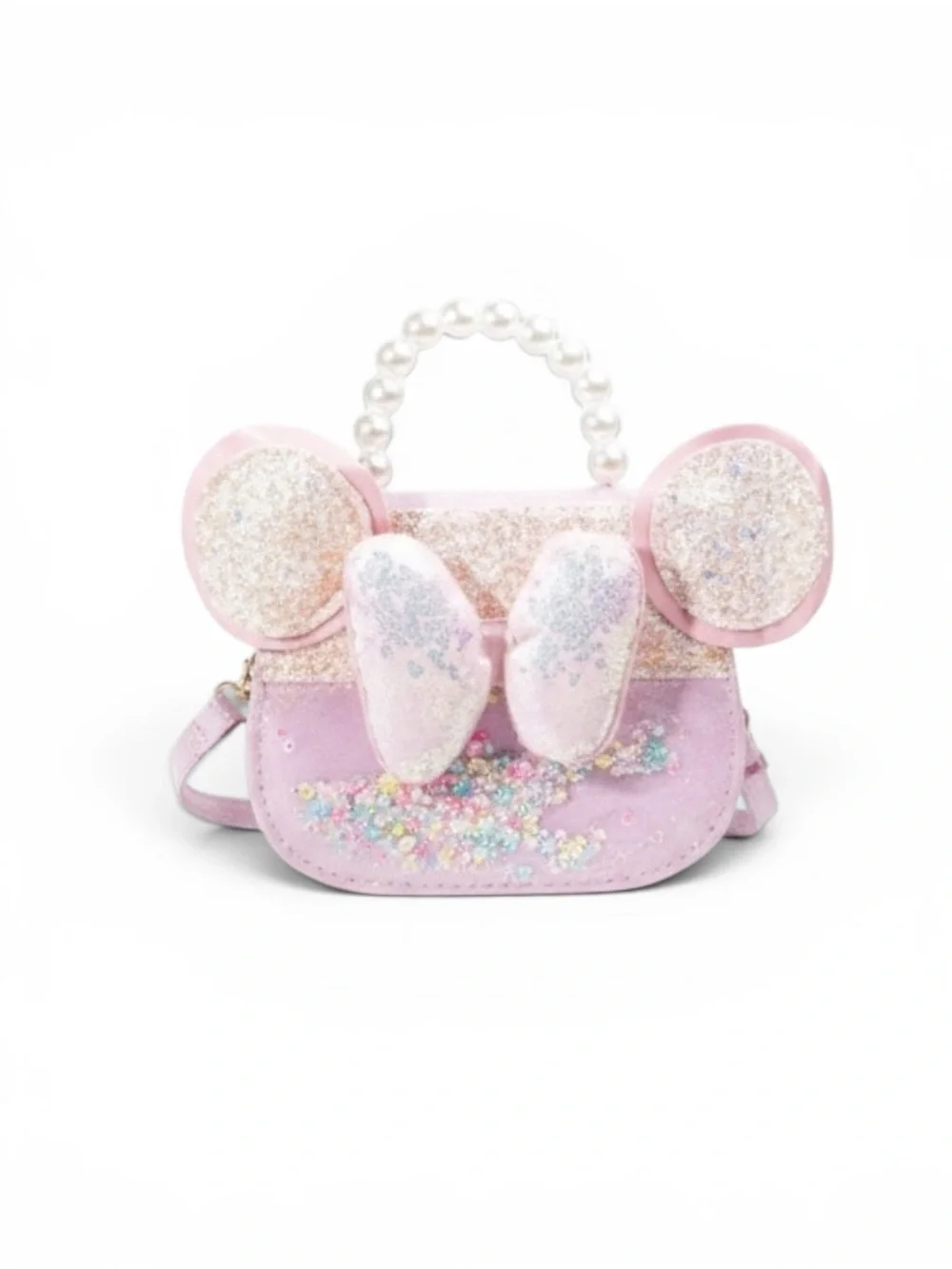 NWT Minnie Mouse Inspired Girls Pink Shimmer Crossbody Handbag with Pearl Handle